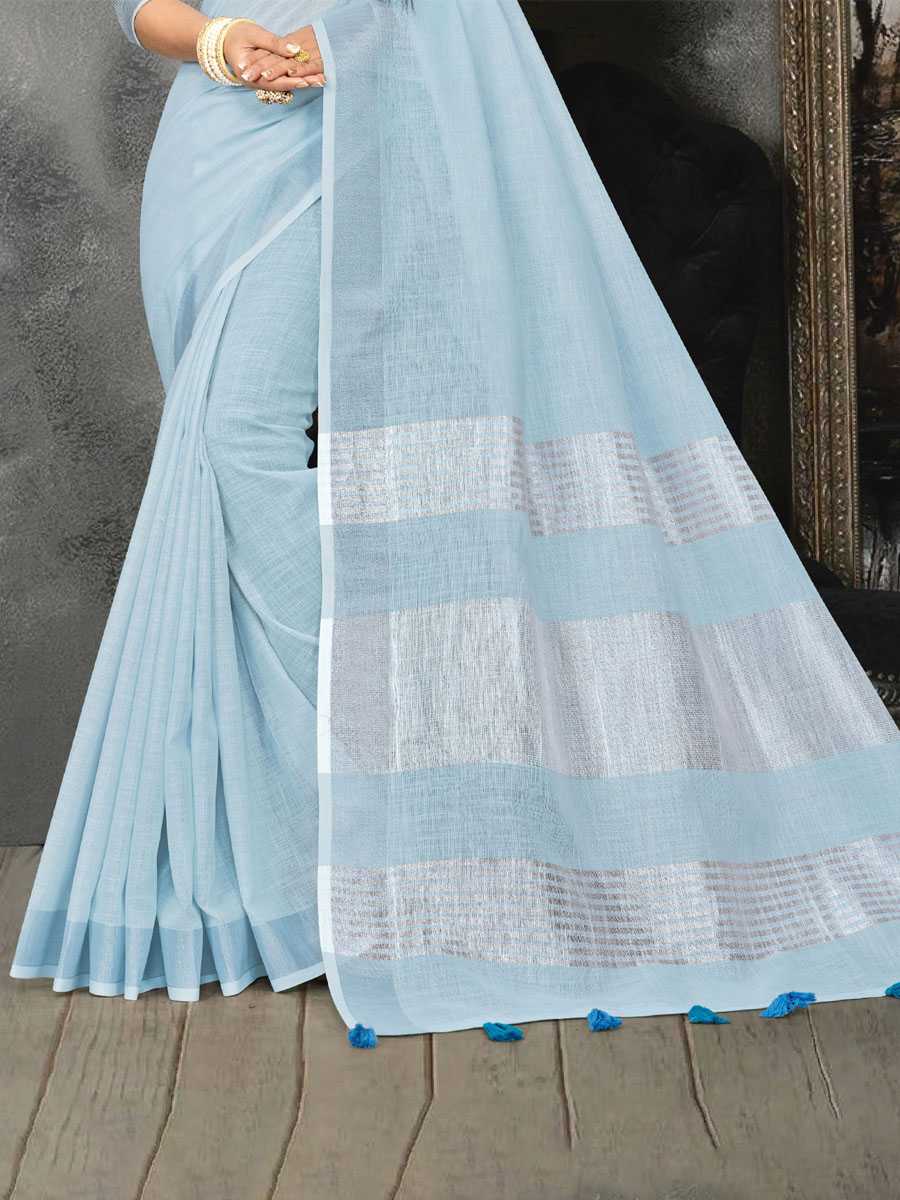 Sky Blue Linen Printed Party Saree
