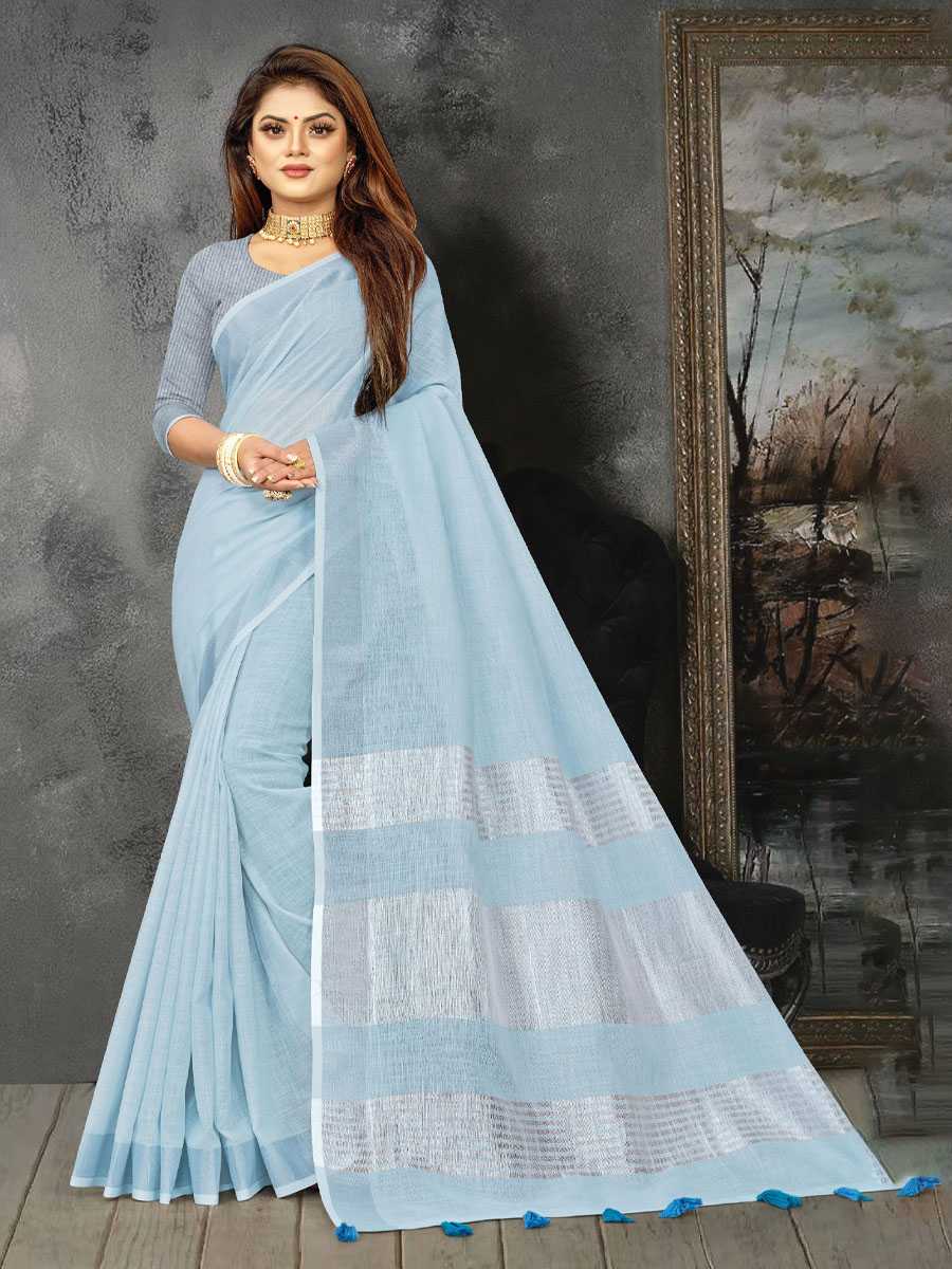 Sky Blue Linen Printed Party Saree