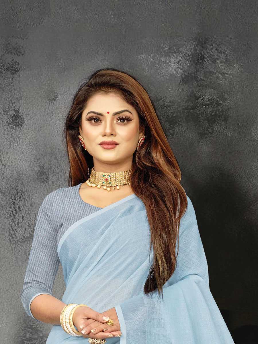 Sky Blue Linen Printed Party Saree