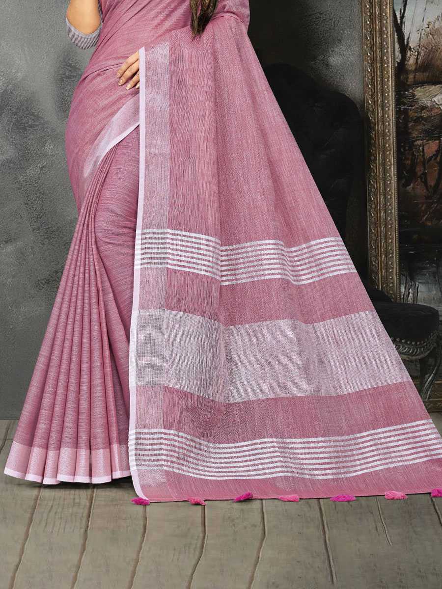 Pink Linen Printed Party Saree