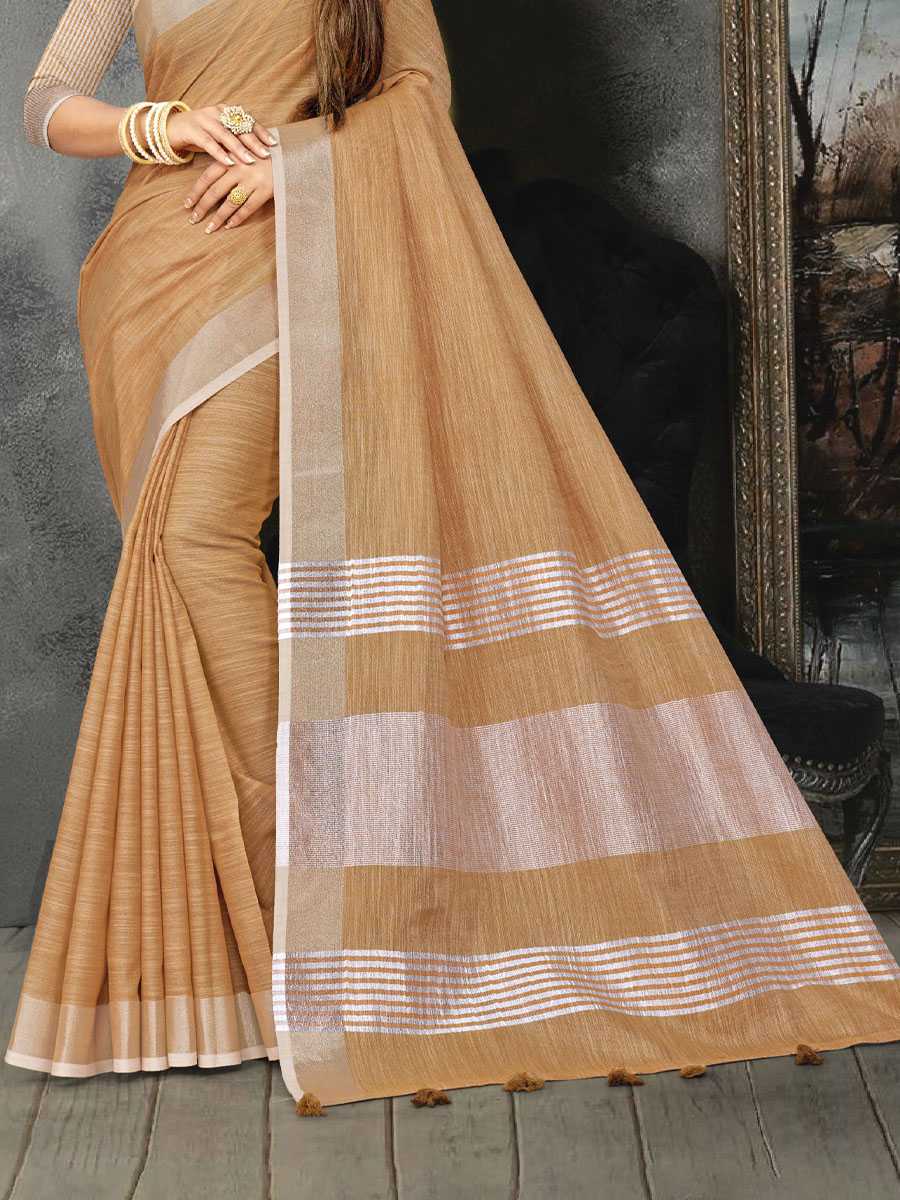 Brown Linen Printed Party Saree