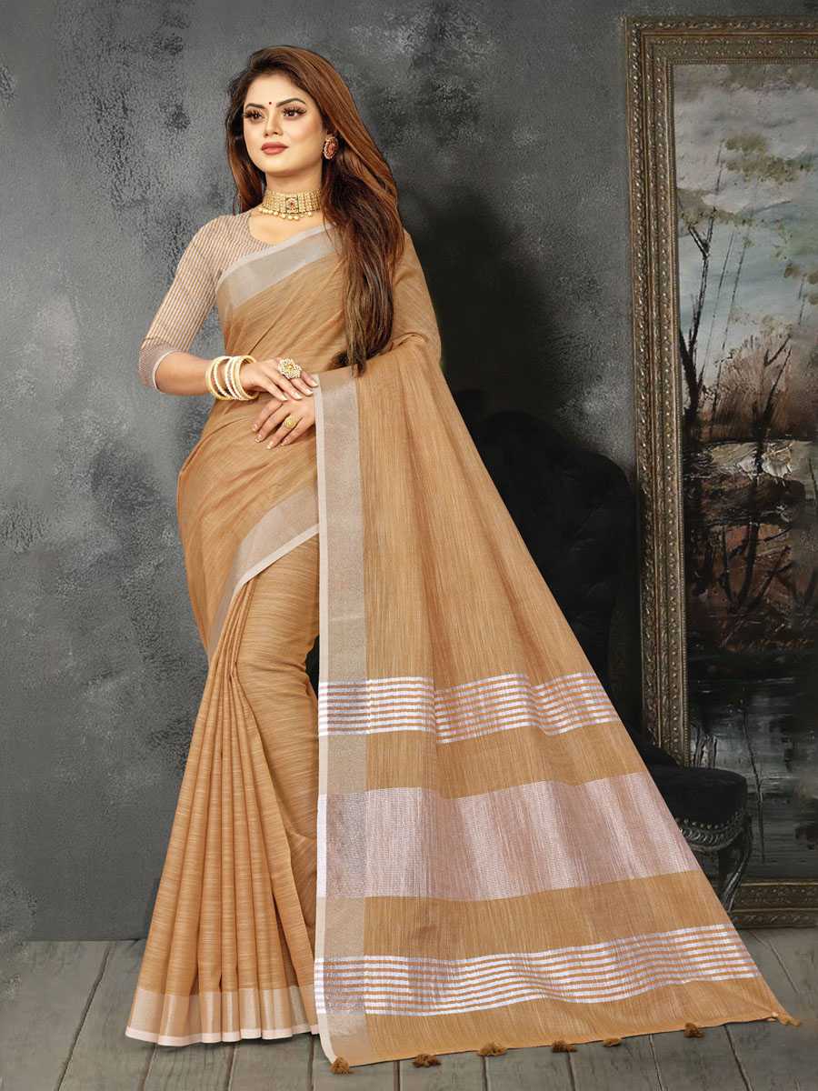Brown Linen Printed Party Saree