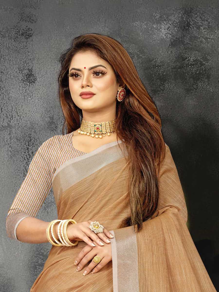 Brown Linen Printed Party Saree
