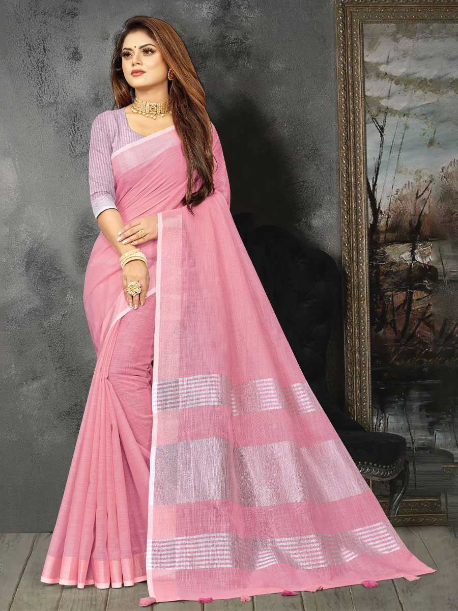 Pink Linen Printed Party Saree