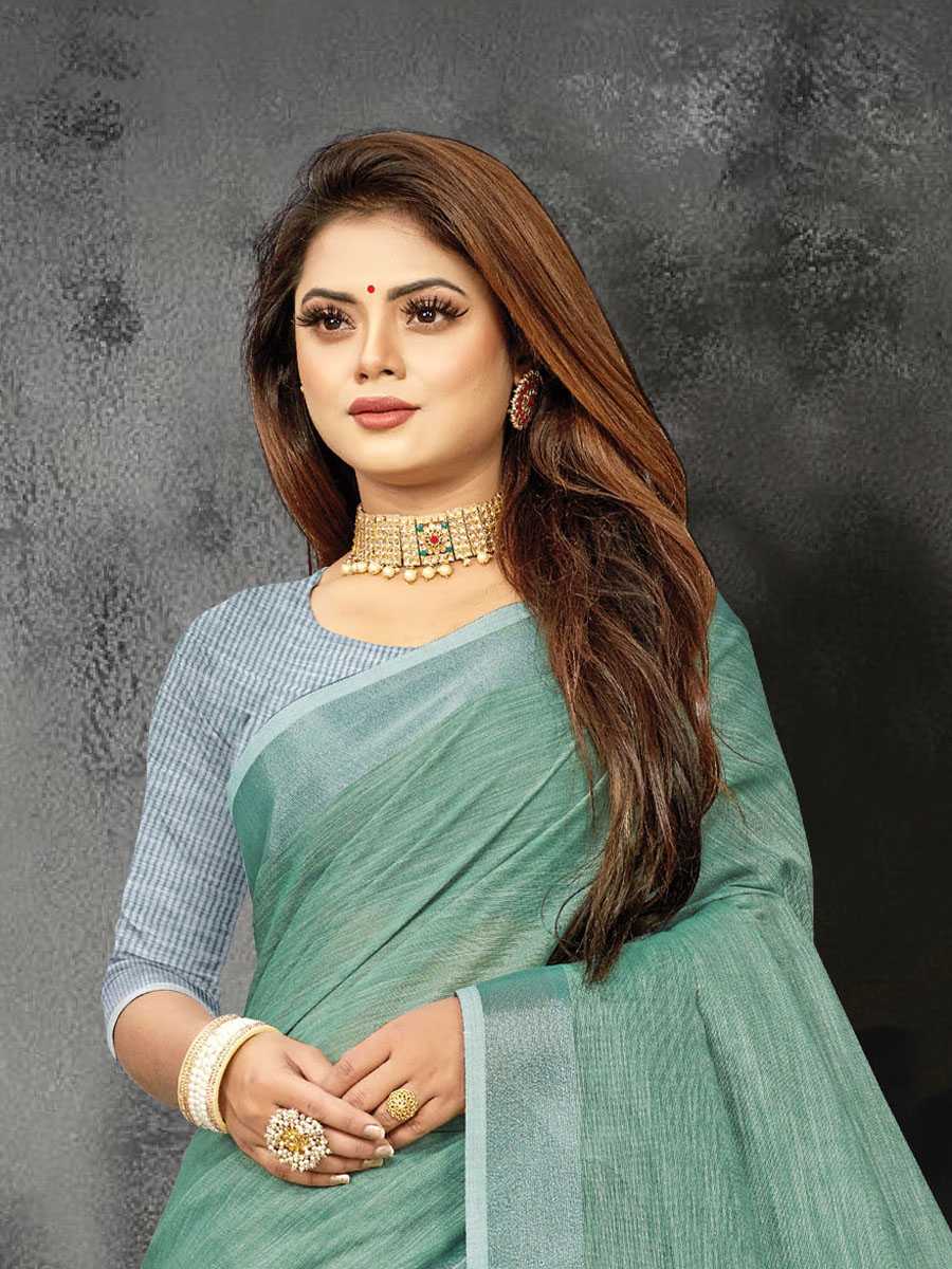 Green Linen Printed Party Saree
