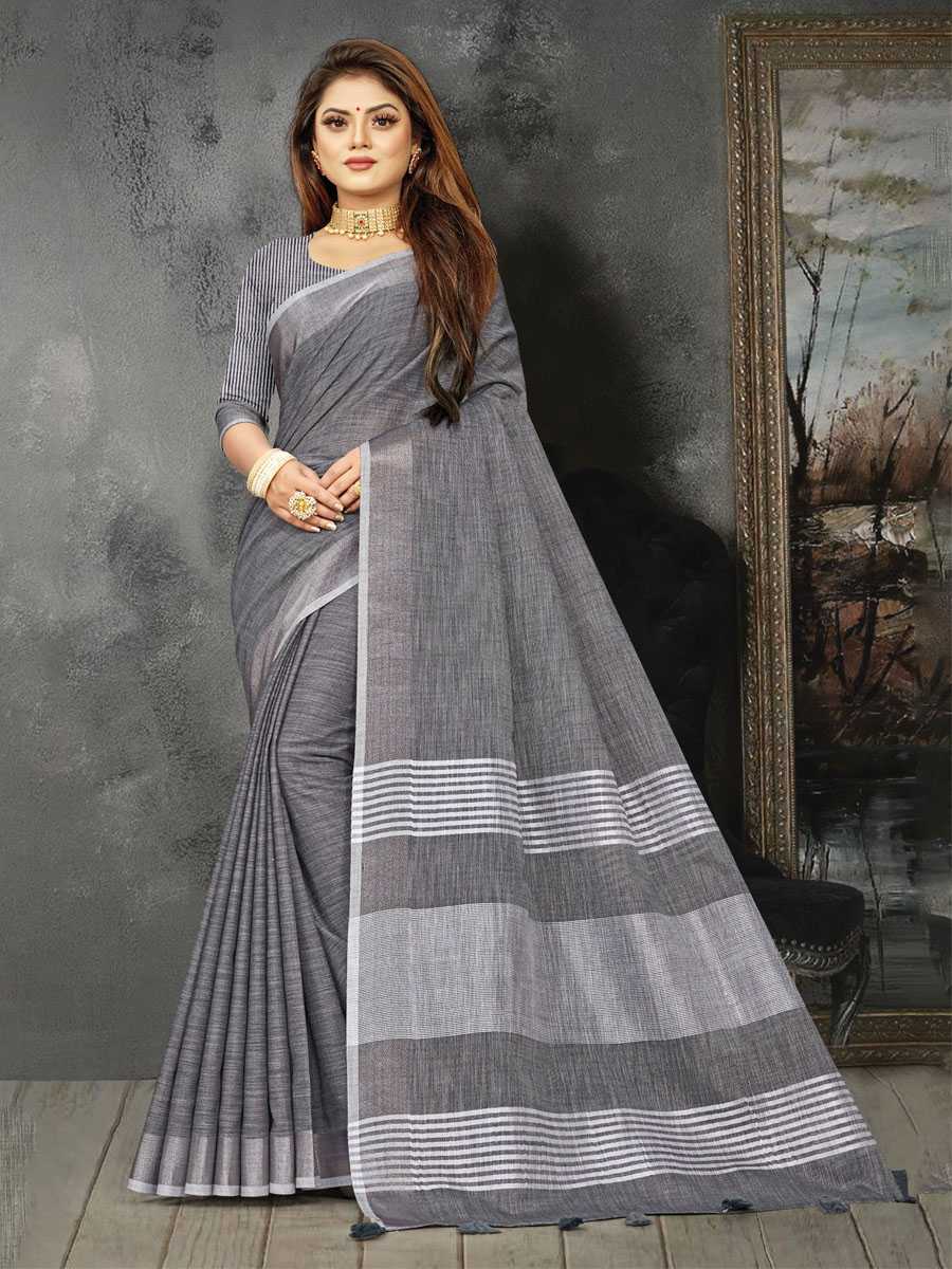 Grey Linen Printed Party Saree