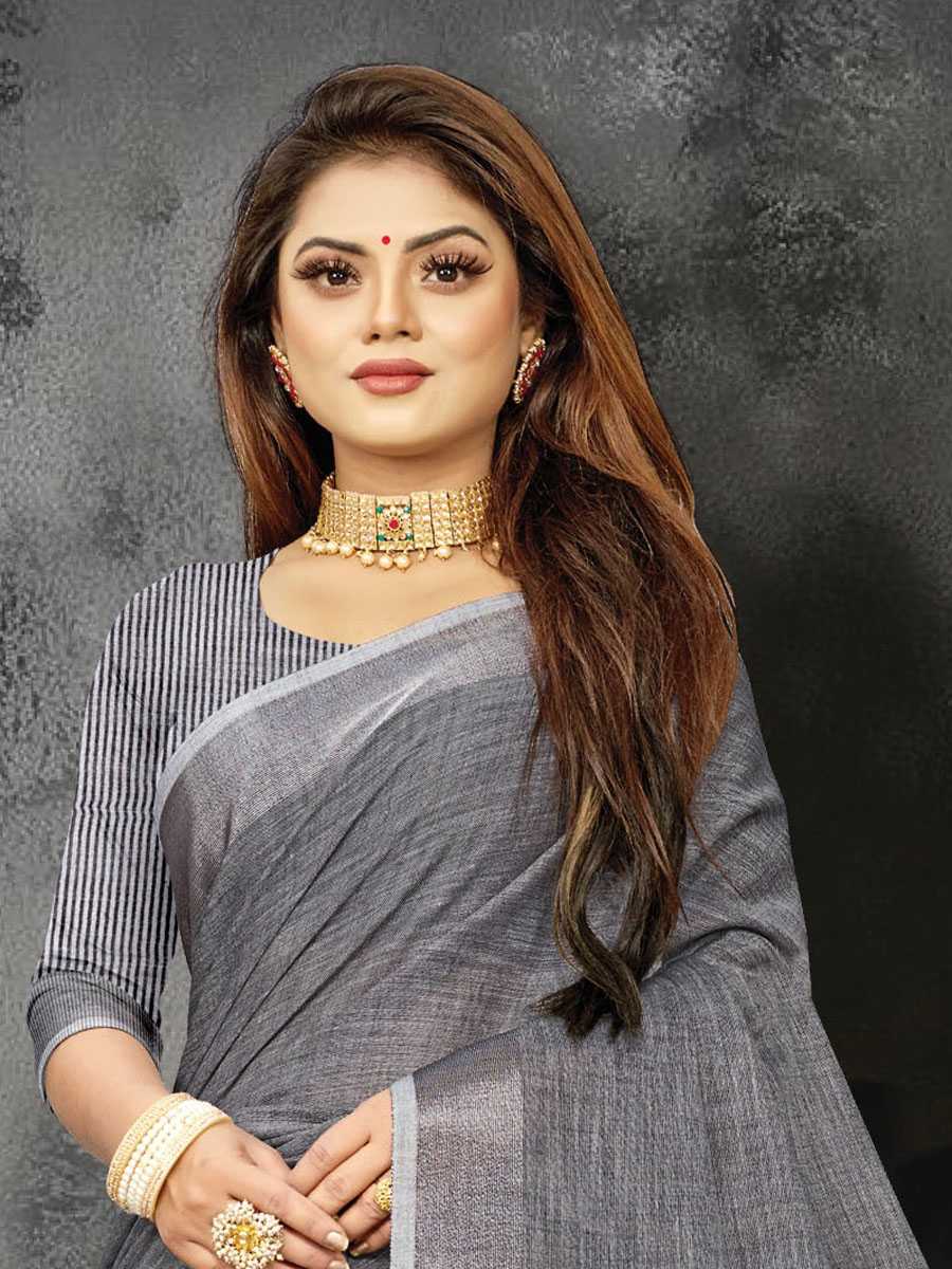 Grey Linen Printed Party Saree