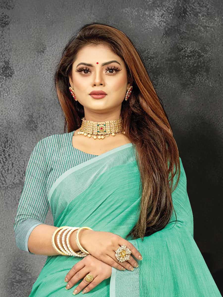 Green Linen Printed Party Saree