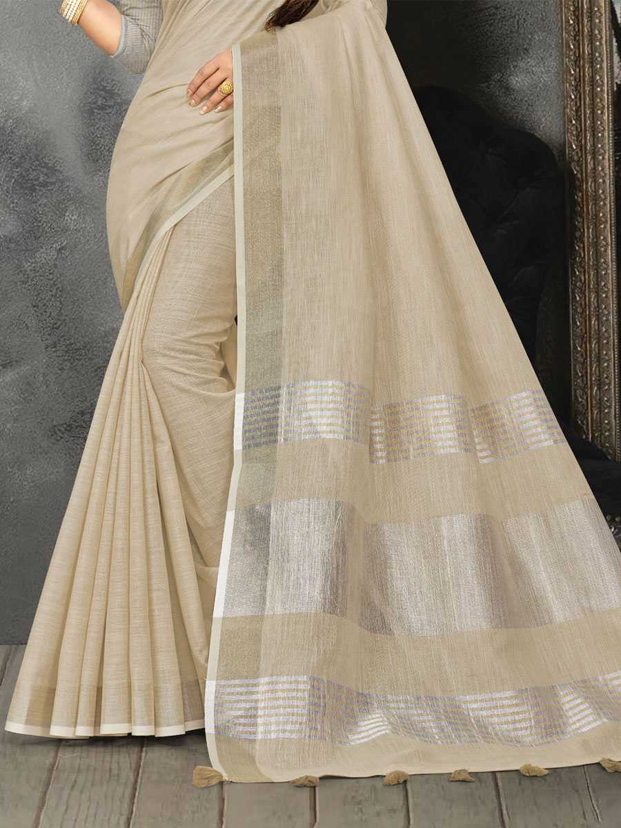 Cream Linen Printed Party Saree