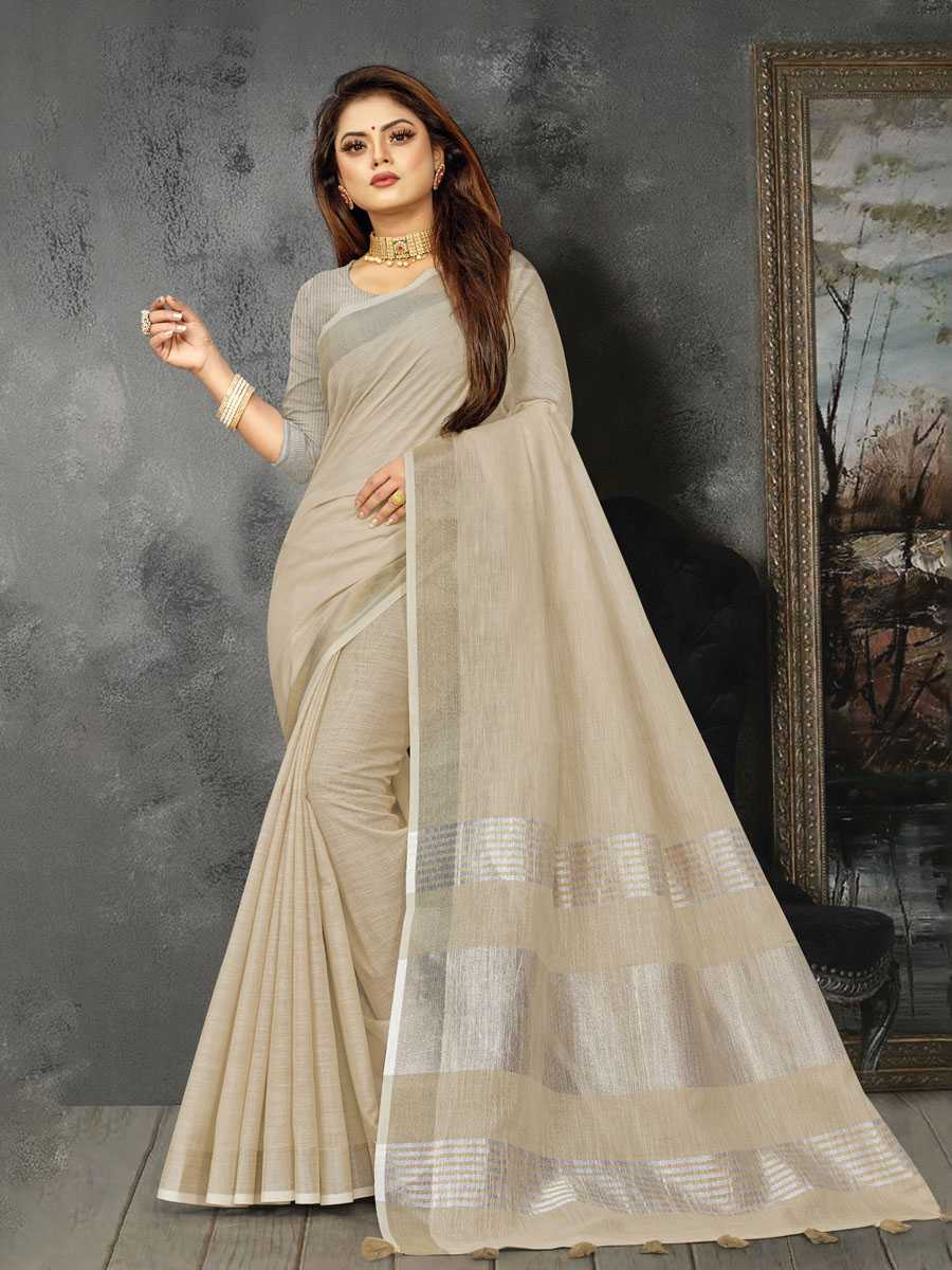 Cream Linen Printed Party Saree