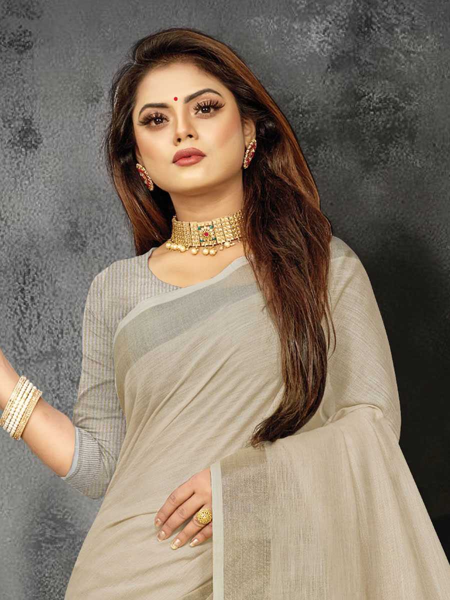 Cream Linen Printed Party Saree