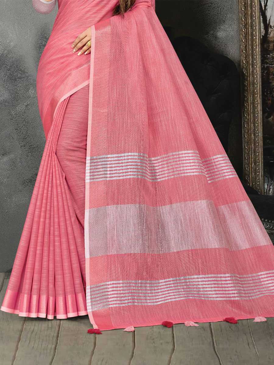 Pink Linen Printed Party Saree