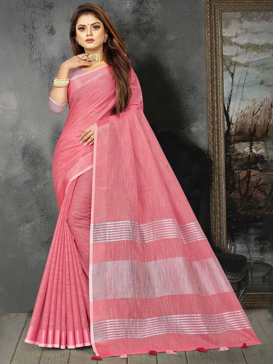 Pink Linen Printed Party Saree