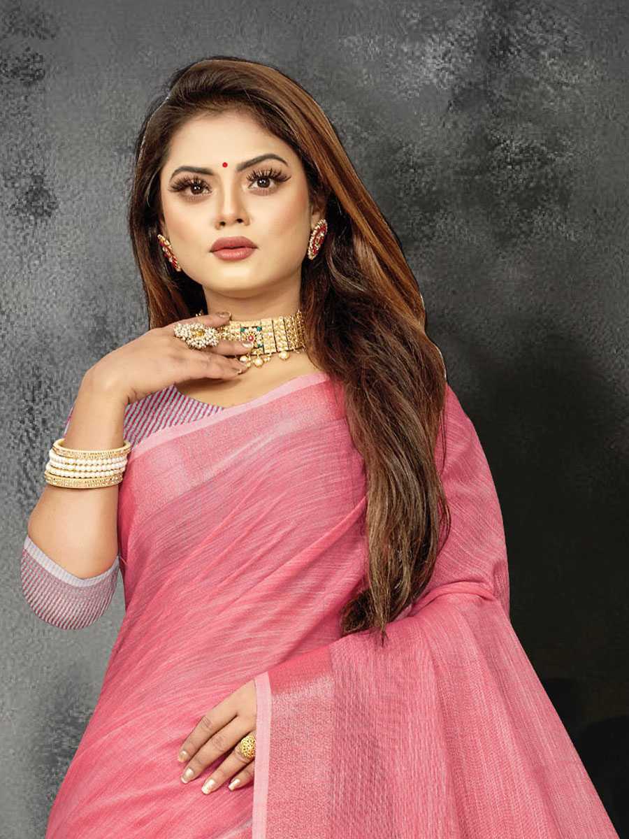 Pink Linen Printed Party Saree
