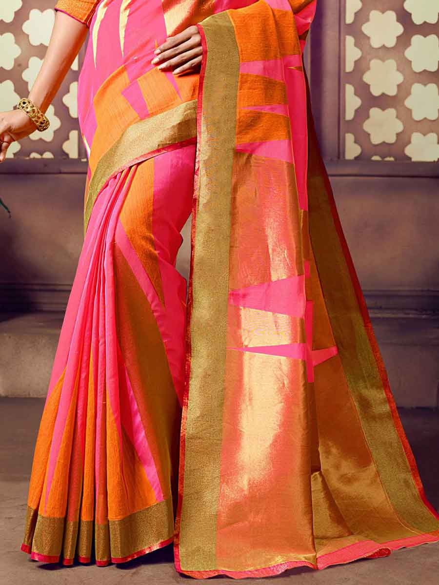 Cerise Pink and Orange Cotton Handloom Festival Saree