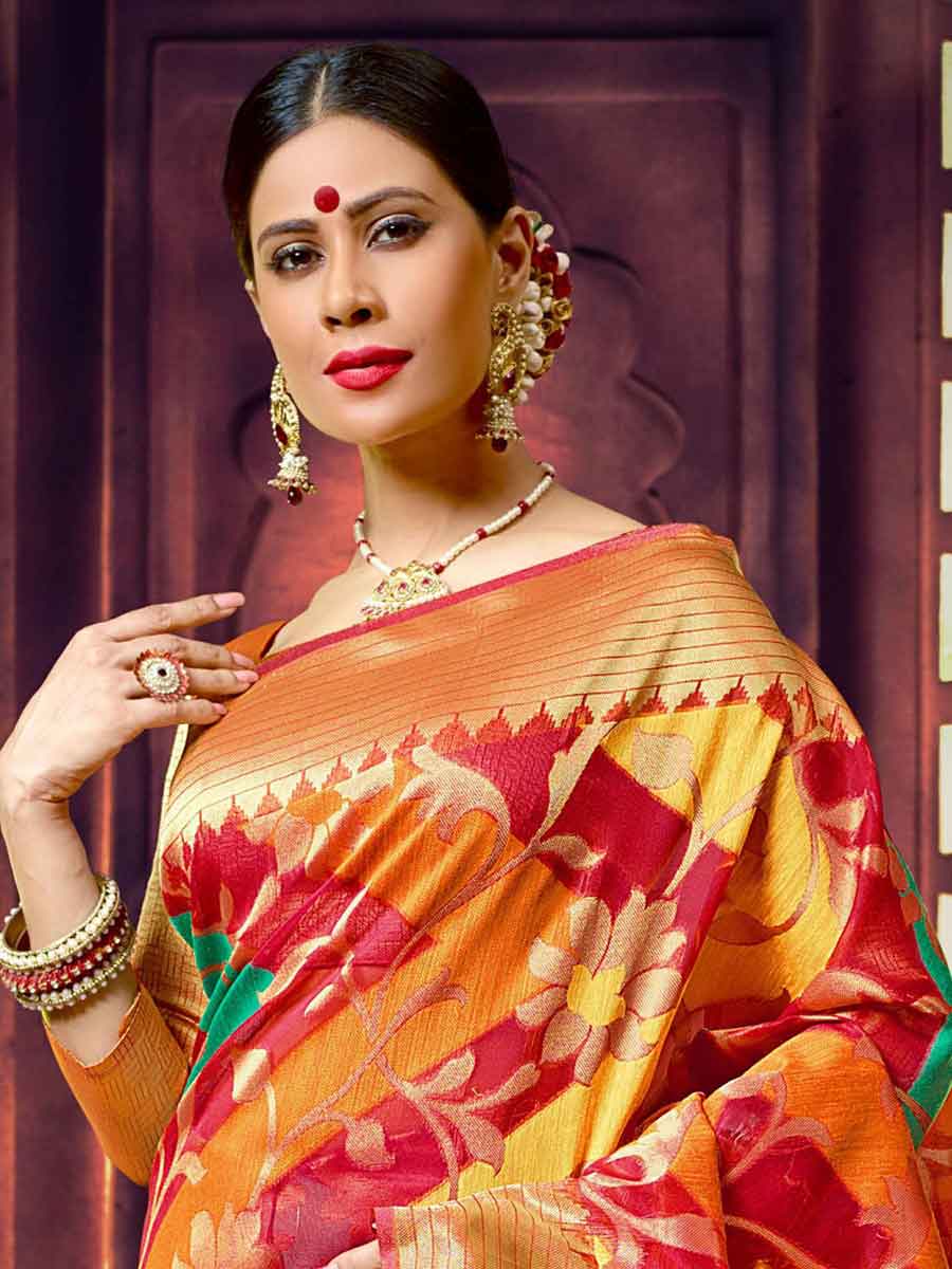 Venetian Red and Orange Cotton Handloom Festival Saree