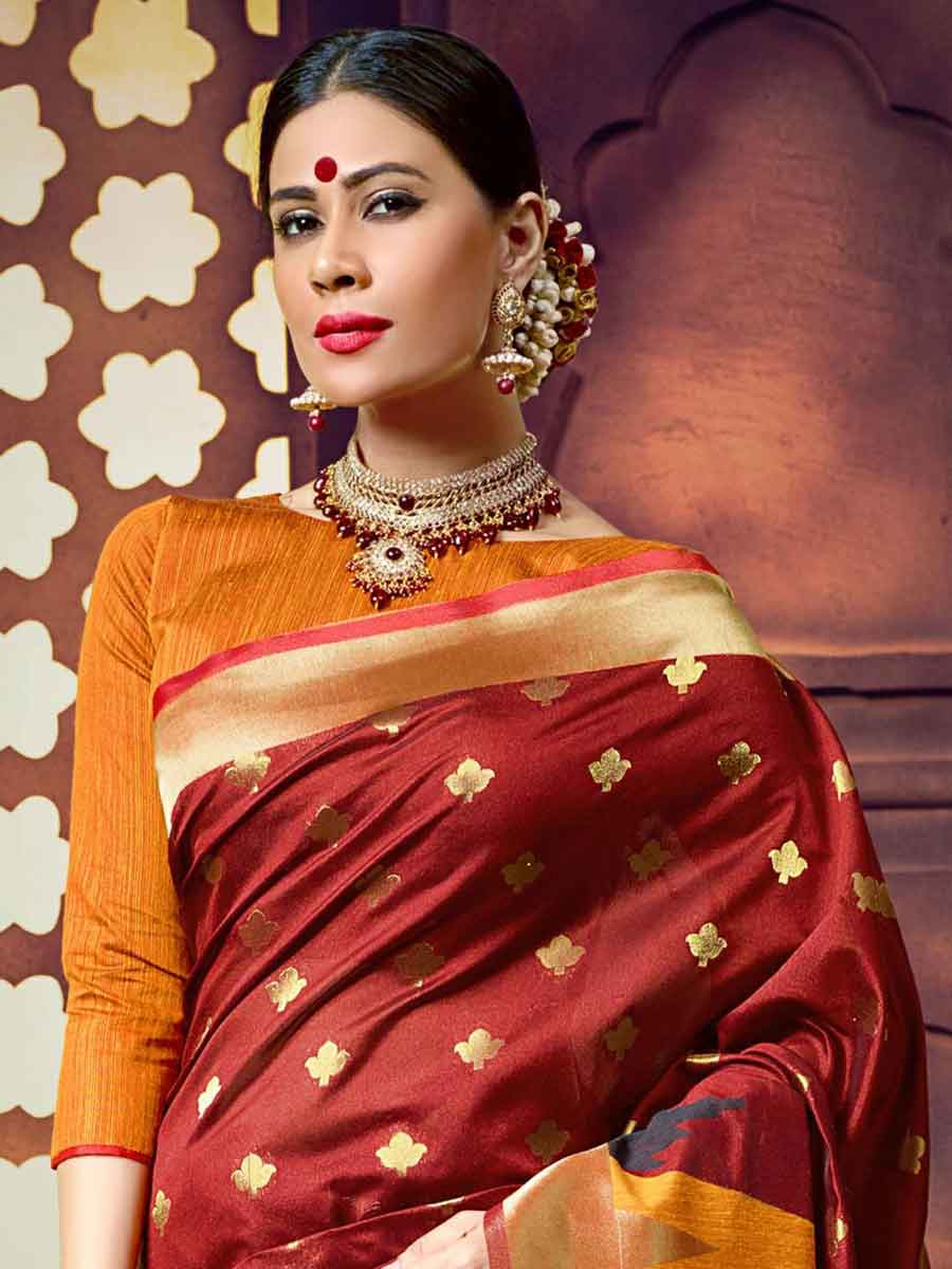 Maroon and Orange Cotton Handloom Festival Saree