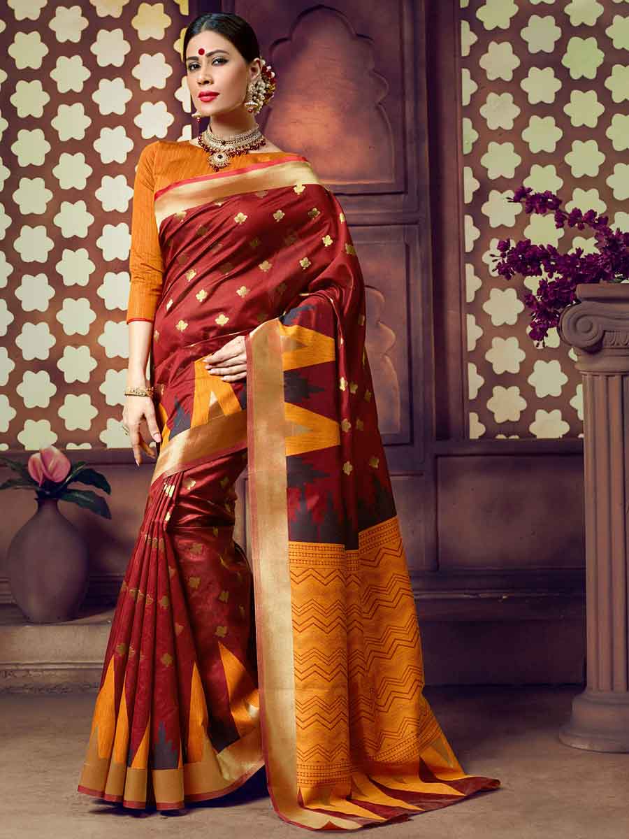 Maroon and Orange Cotton Handloom Festival Saree