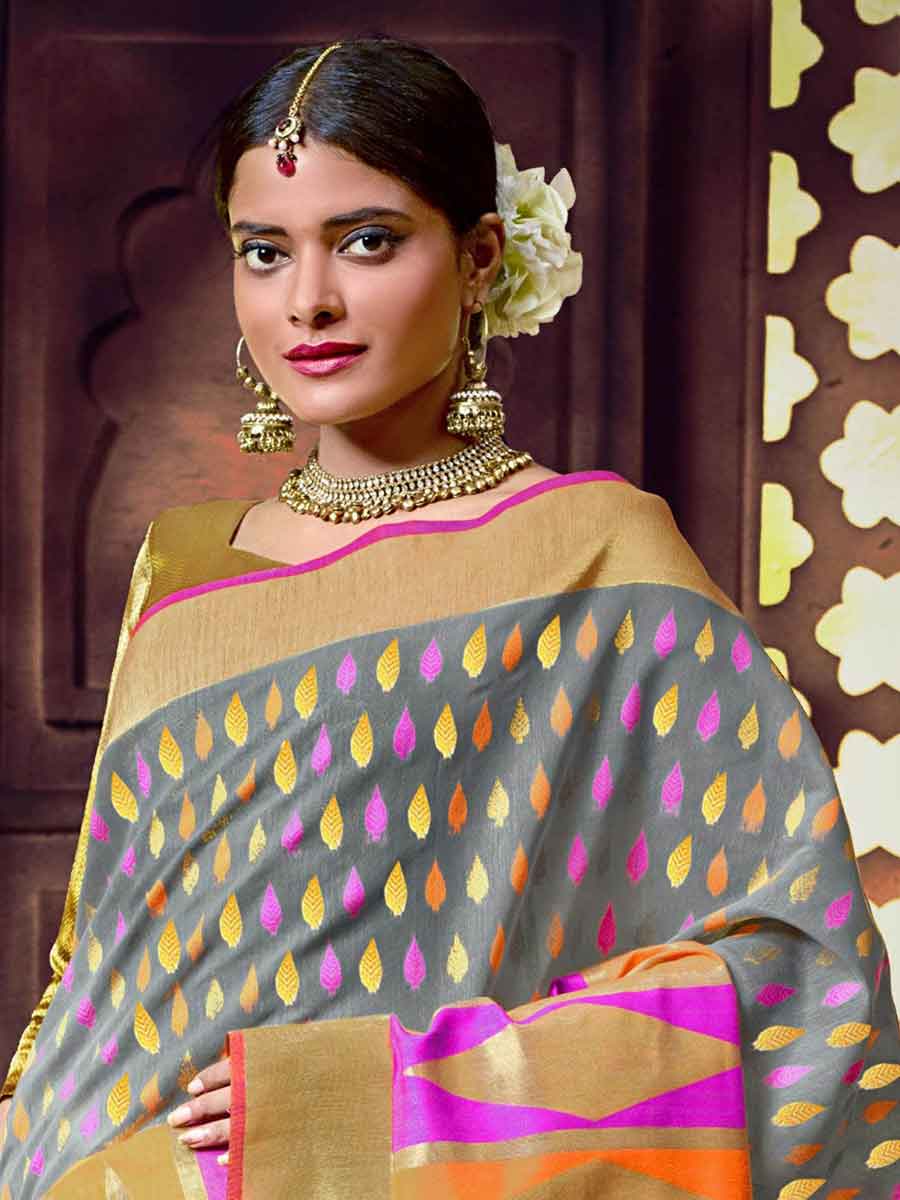 Slate Gray and Beige Yellow Cotton Handloom Festival Saree
