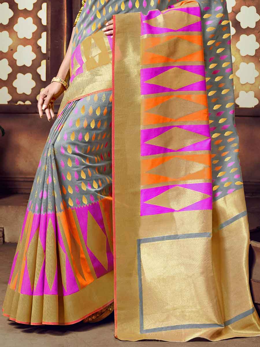 Slate Gray and Beige Yellow Cotton Handloom Festival Saree