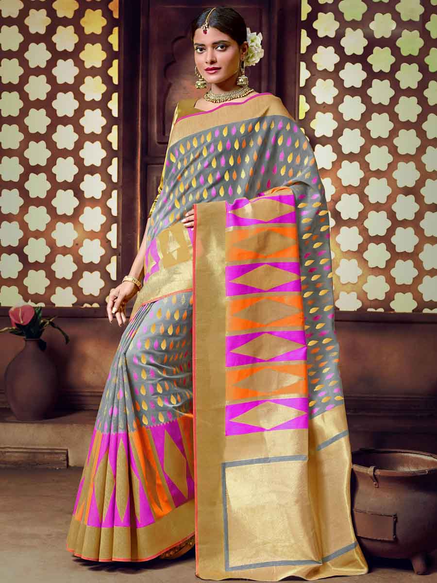 Slate Gray and Beige Yellow Cotton Handloom Festival Saree