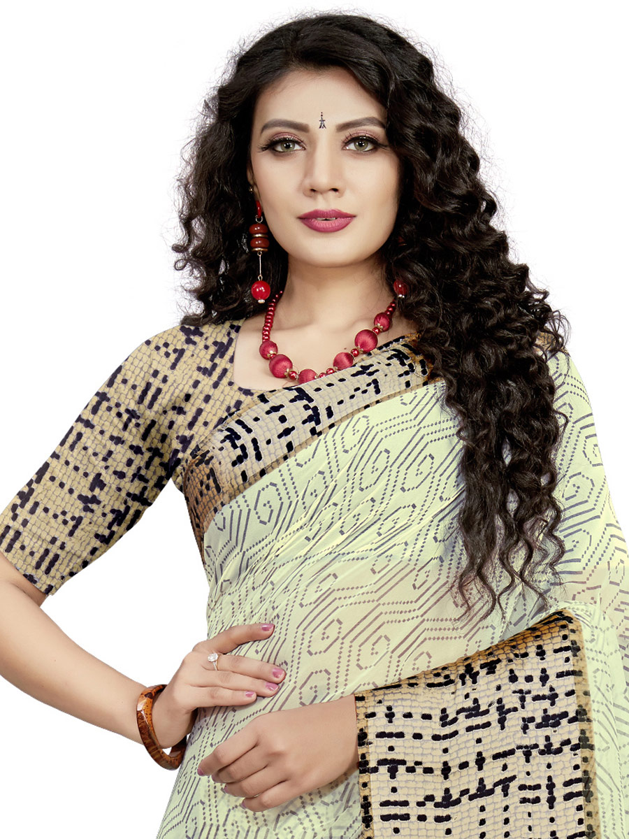 Cream Yellow Faux Georgette Printed Casual Saree