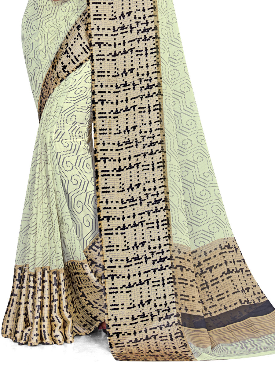 Cream Yellow Faux Georgette Printed Casual Saree