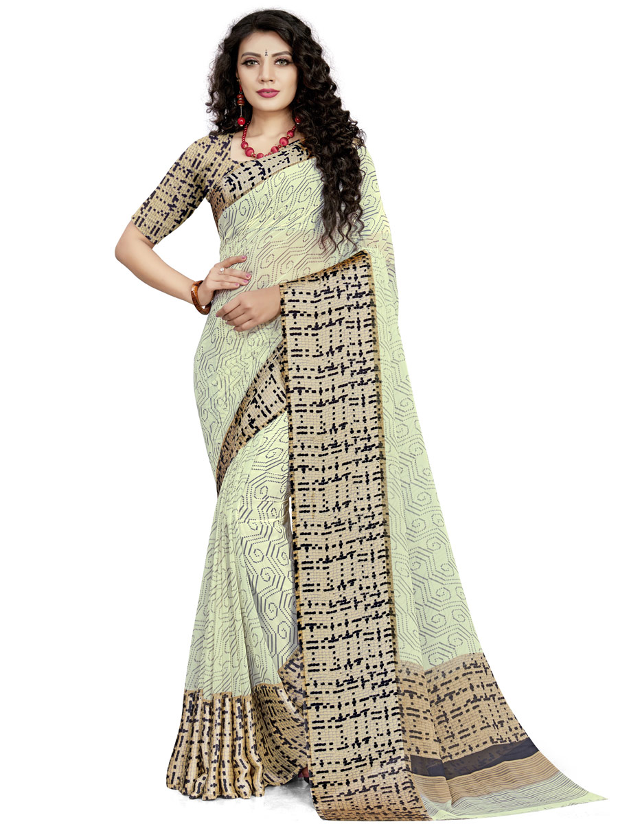 Cream Yellow Faux Georgette Printed Casual Saree