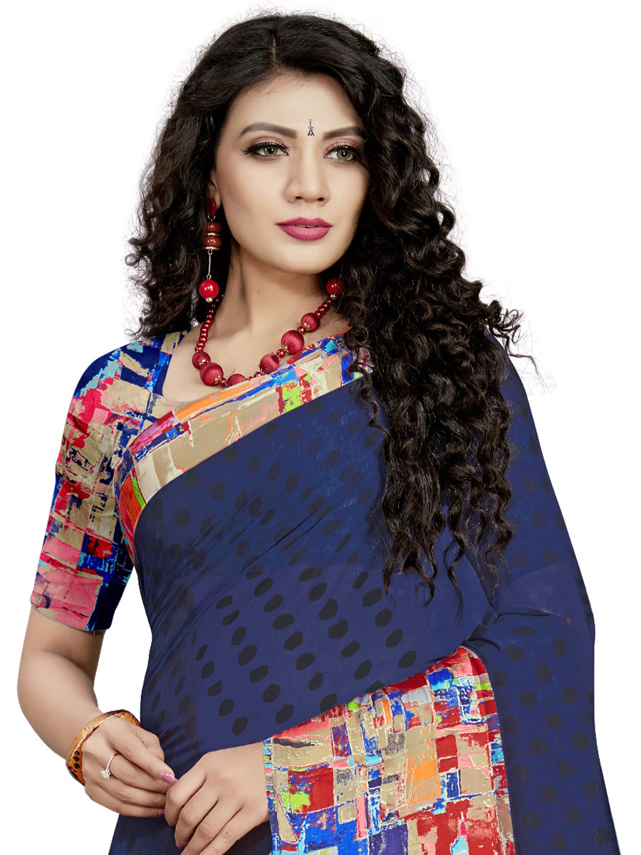 Navy Blue Faux Georgette Printed Casual Saree