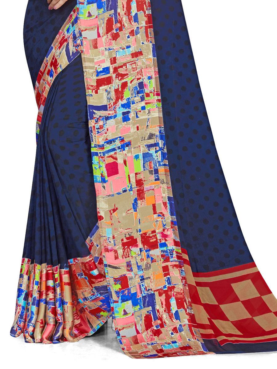 Navy Blue Faux Georgette Printed Casual Saree