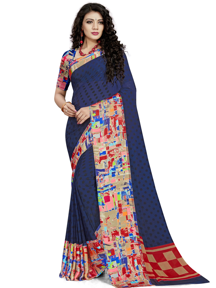 Navy Blue Faux Georgette Printed Casual Saree