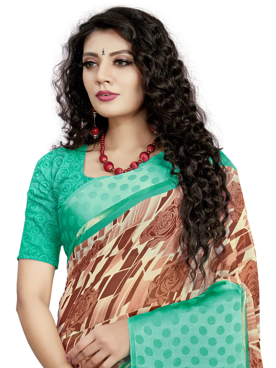 Copper Brown and Sea Green Faux Georgette Printed Casual Saree