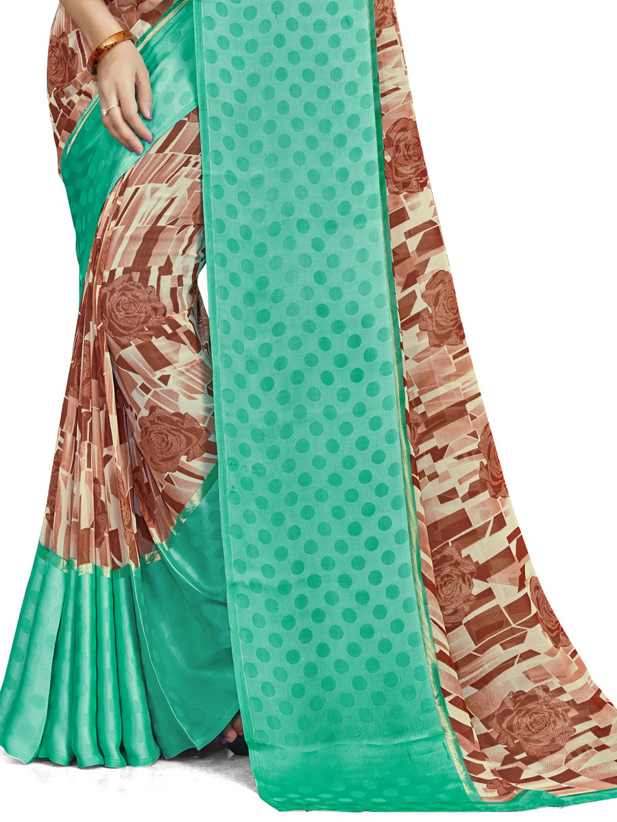 Copper Brown and Sea Green Faux Georgette Printed Casual Saree