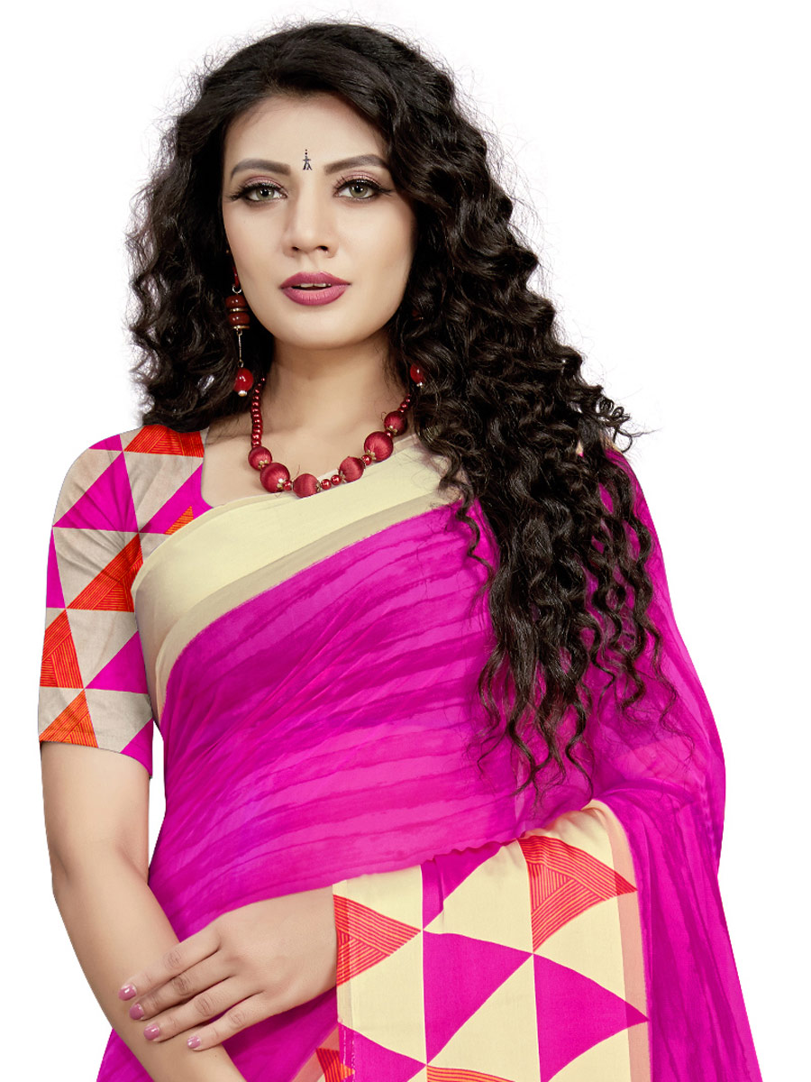 Hot Pink Faux Georgette Printed Casual Saree