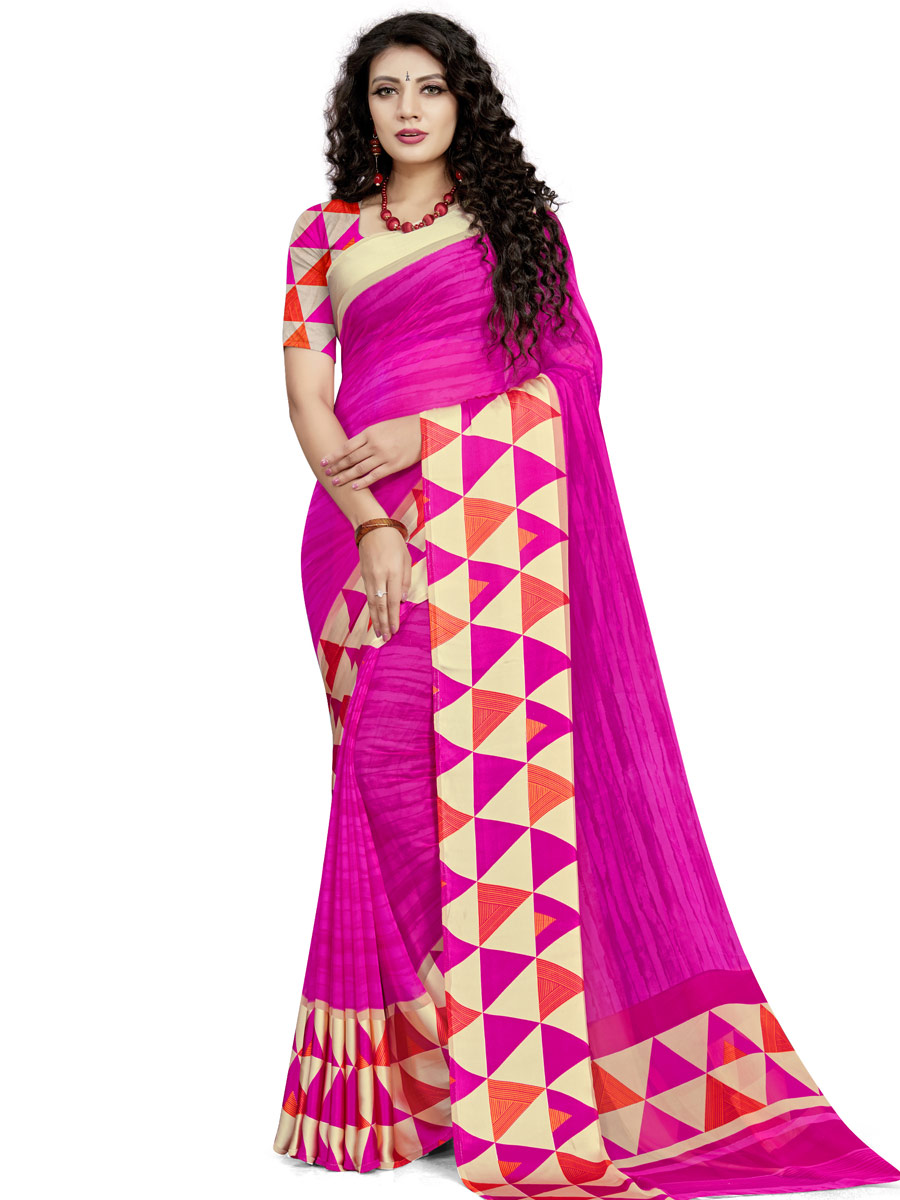 Hot Pink Faux Georgette Printed Casual Saree