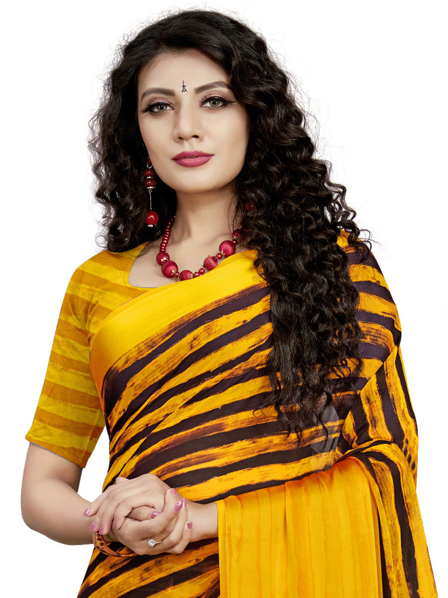 Mustard Yellow and Black Faux Georgette Printed Casual Saree