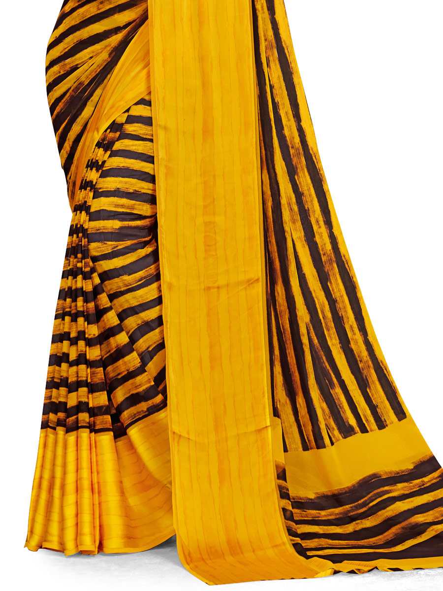 Mustard Yellow and Black Faux Georgette Printed Casual Saree