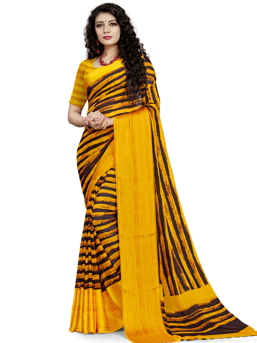 Mustard Yellow and Black Faux Georgette Printed Casual Saree