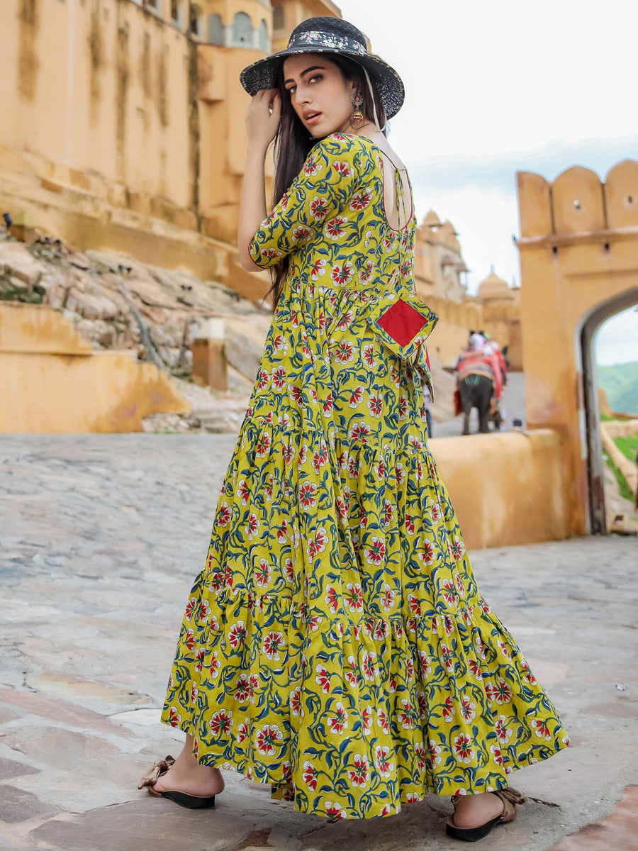 Parrot Green Muslin Printed Casual Gown