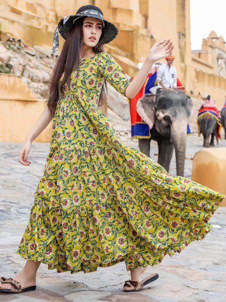 Parrot Green Muslin Printed Casual Gown