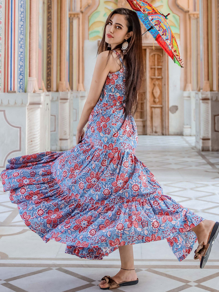 Cornflower Blue Muslin Printed Casual Gown