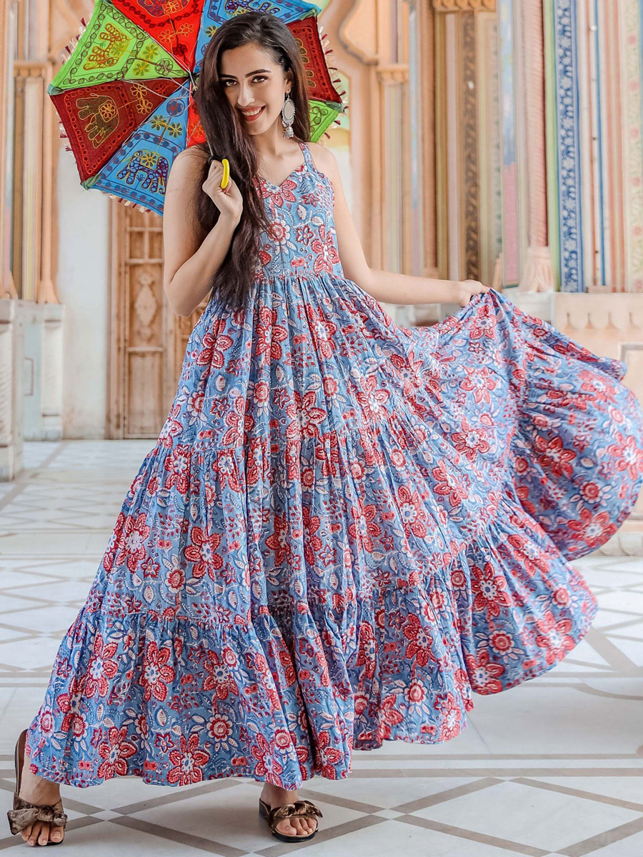 Cornflower Blue Muslin Printed Casual Gown