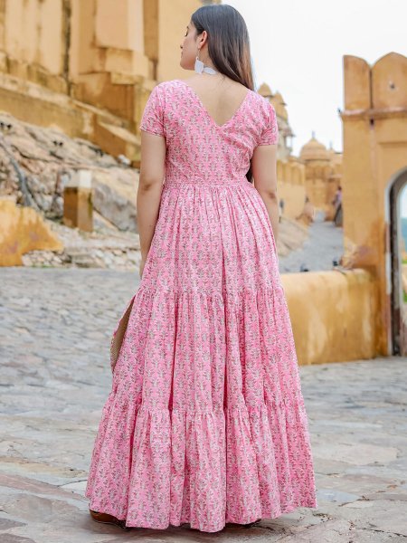 Salmon Pink Muslin Printed Casual Gown