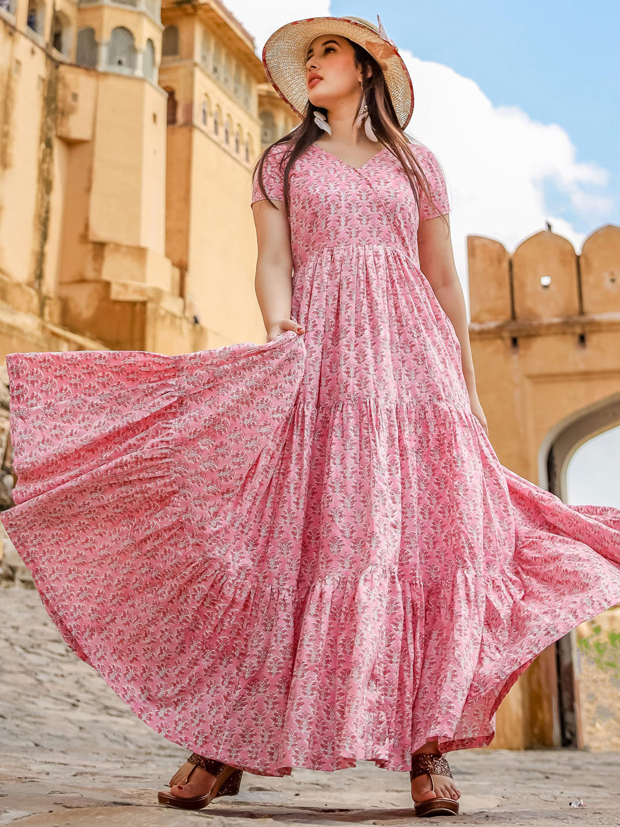 Salmon Pink Muslin Printed Casual Gown