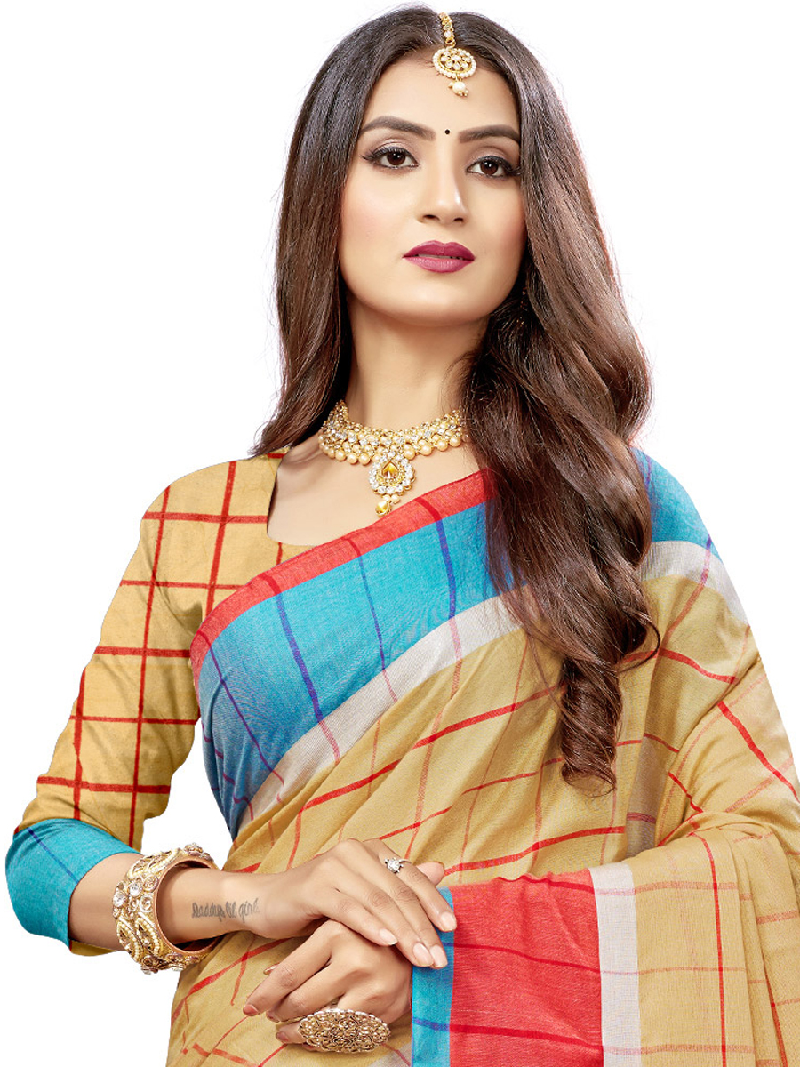 Beige Yellow Cotton Silk Printed Casual Saree