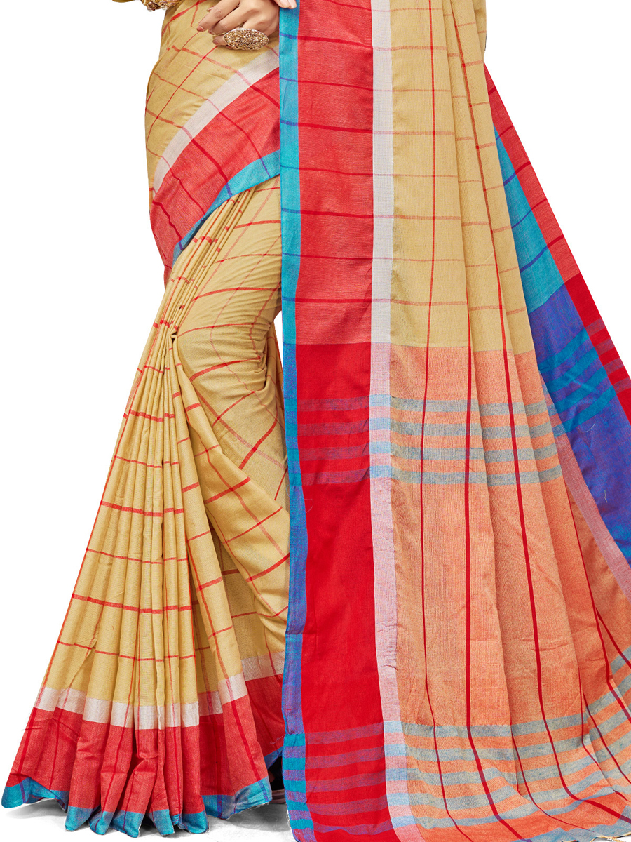 Beige Yellow Cotton Silk Printed Casual Saree