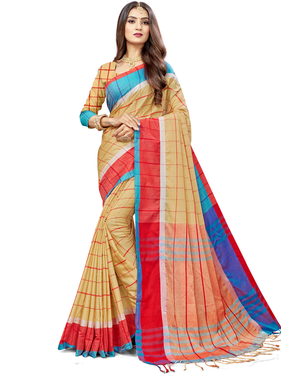 Beige Yellow Cotton Silk Printed Casual Saree