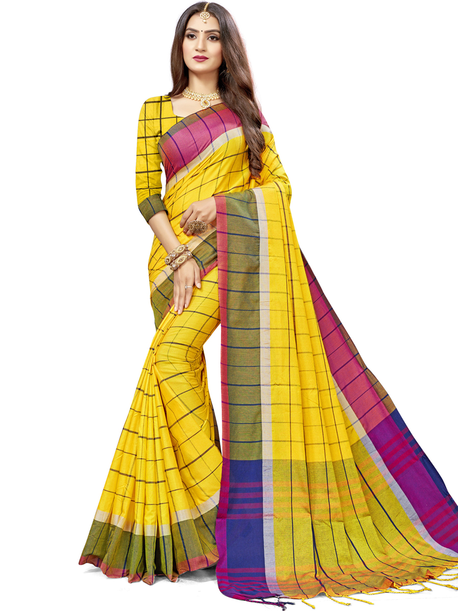 Maize Yellow Cotton Silk Printed Casual Saree