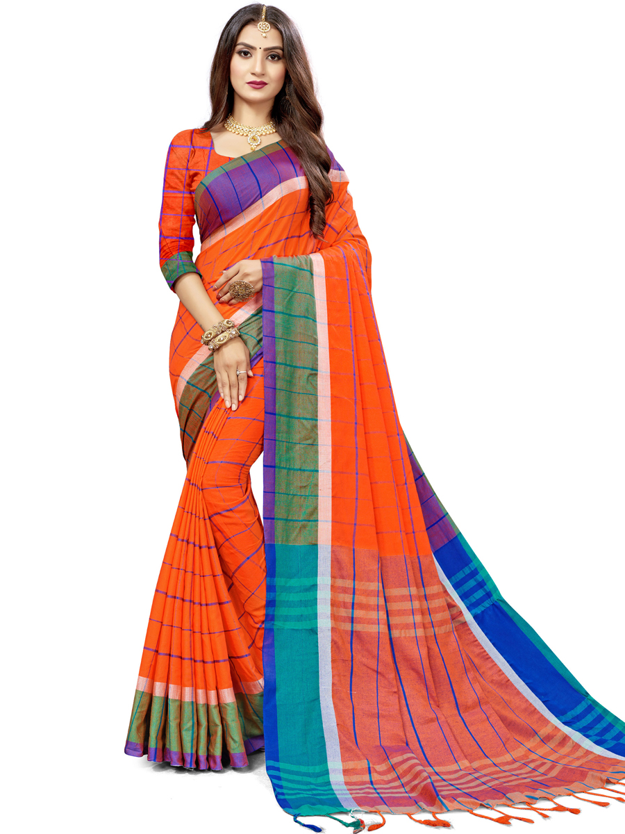Portland Orange Cotton Silk Printed Casual Saree