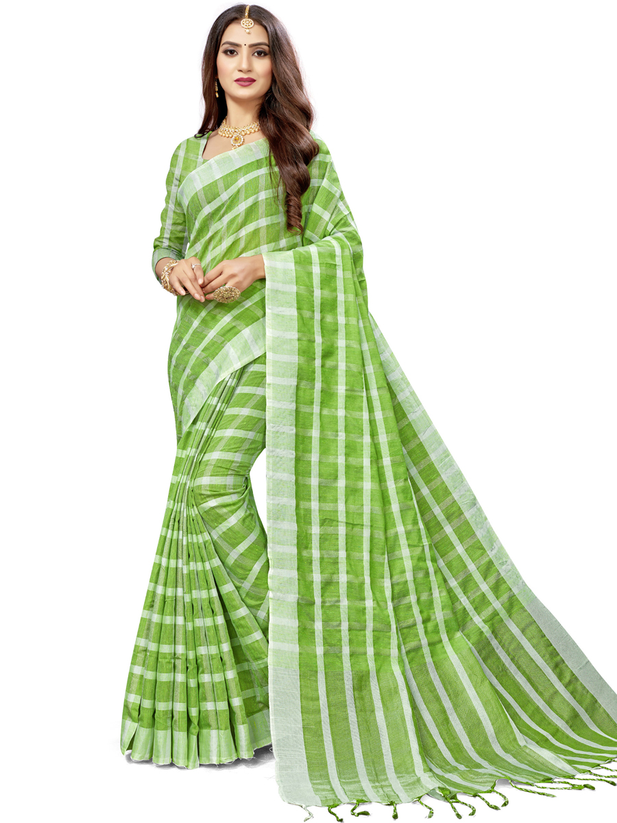 Parrot Green Cotton Silk Printed Casual Saree